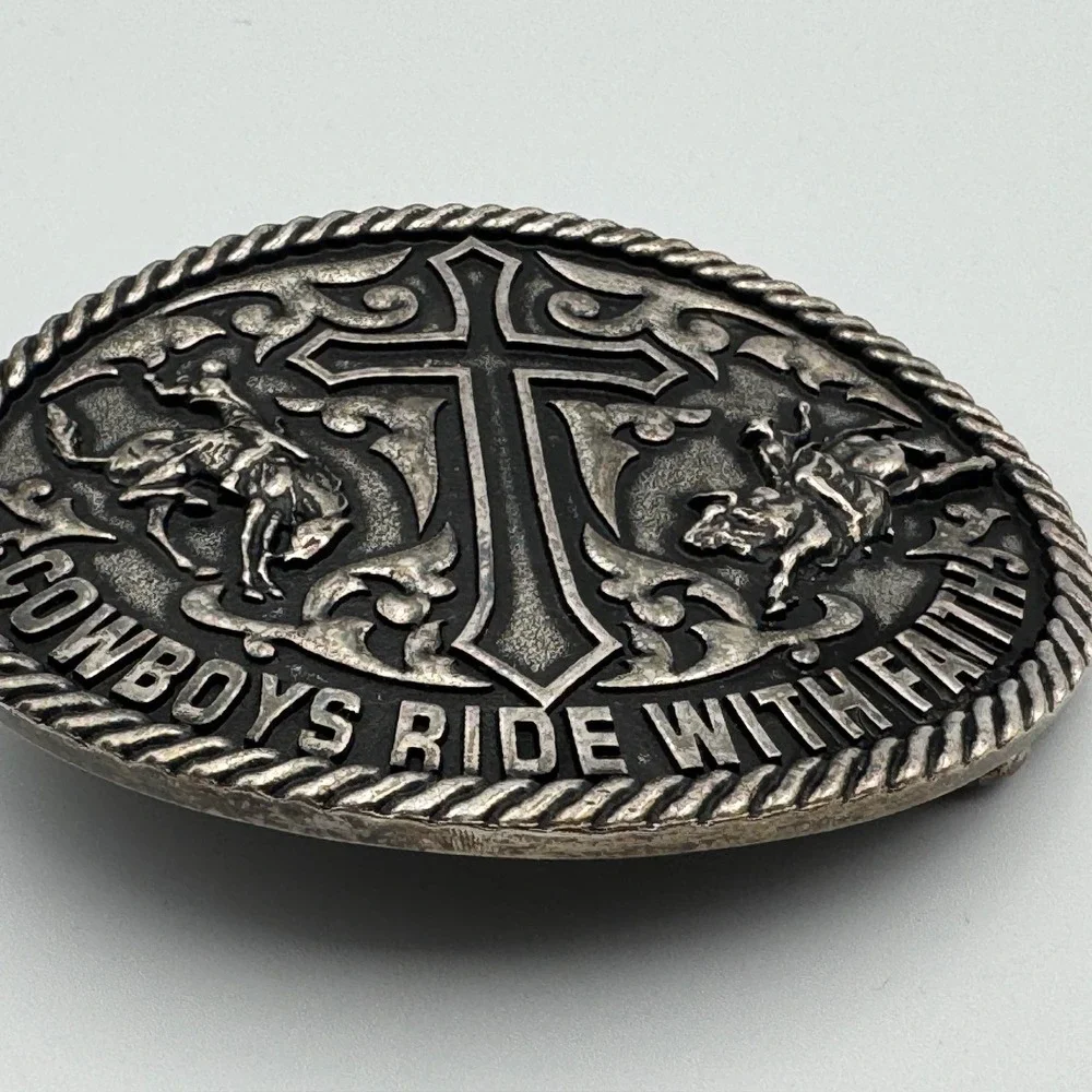 Cowboys Ride With Faith‎ Western Belt Buckle Silver Tone Cross Rodeo Bull Rider